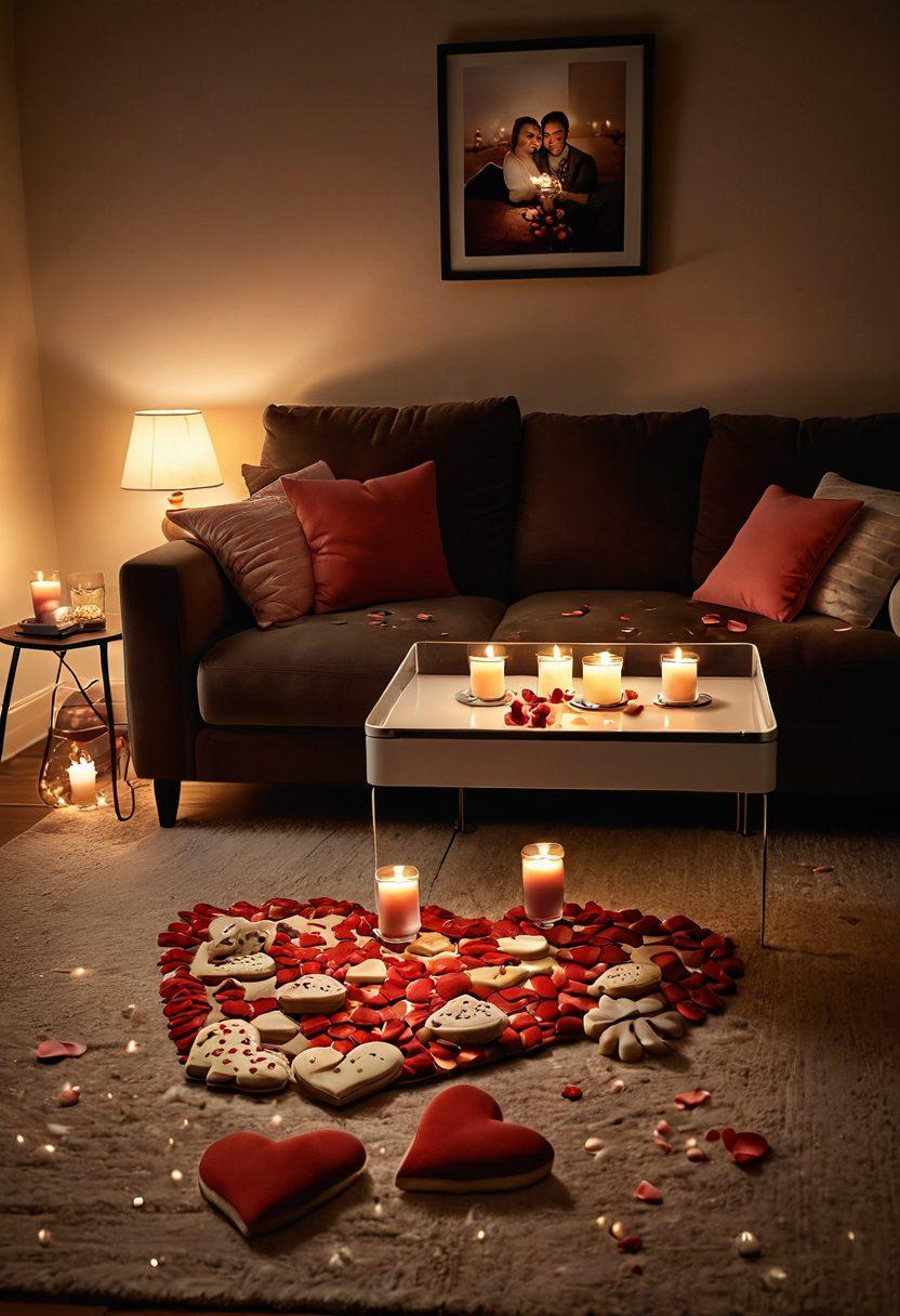 A cozy living room decorated for a romantic evening, featuring soft candlelight, a plush couch, and a projector showing a heartwarming video of a couple sharing a laugh. There are rose petals scattered on the floor and a plate of heart-shaped cookies on a coffee table. The warm colors and intimate atmosphere evoke a sense of love and celebration. super-realistic. vibrant colors. soft lighting.